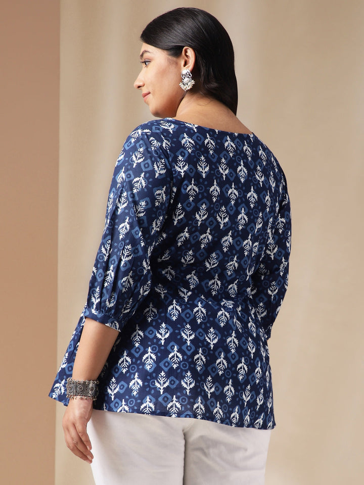 Indigo Cotton Ethnic Motifs Regular Top  - By Janasya