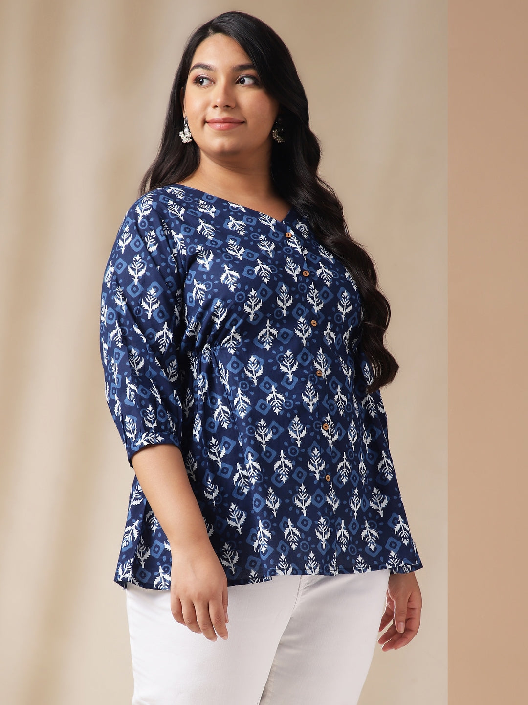 Indigo Cotton Ethnic Motifs Regular Top  - By Janasya