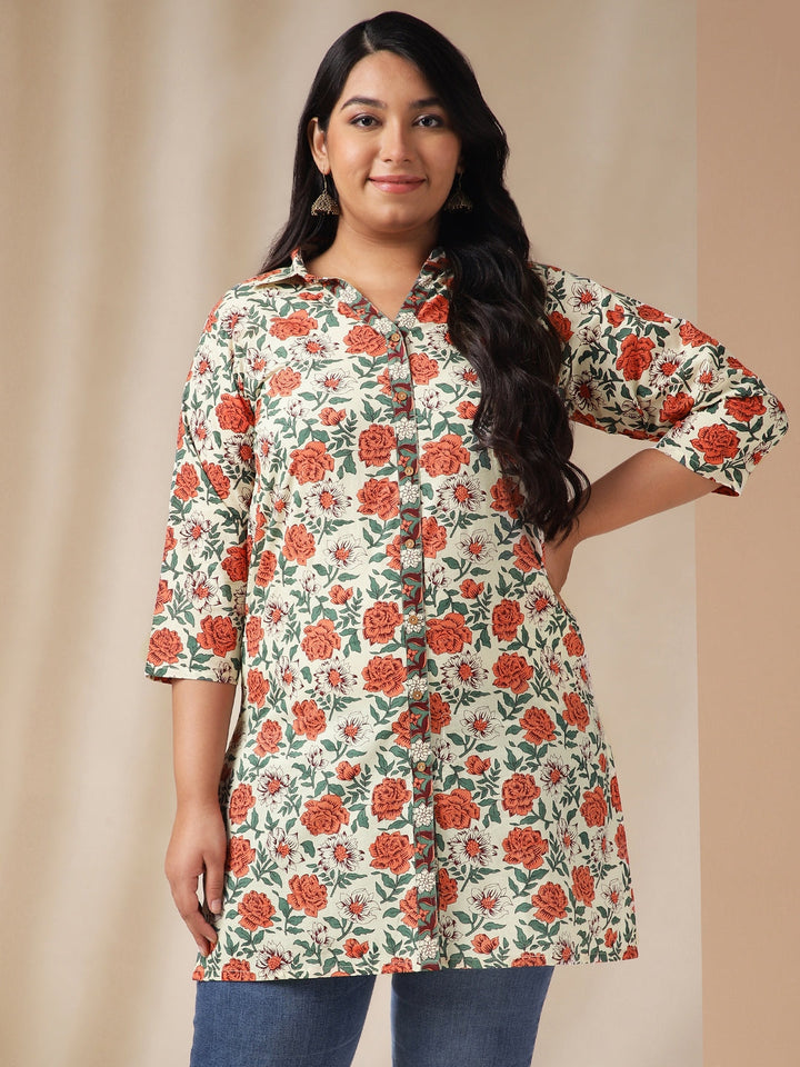 Plus Size Cream Cotton Floral Regular Tunic  - By Janasya