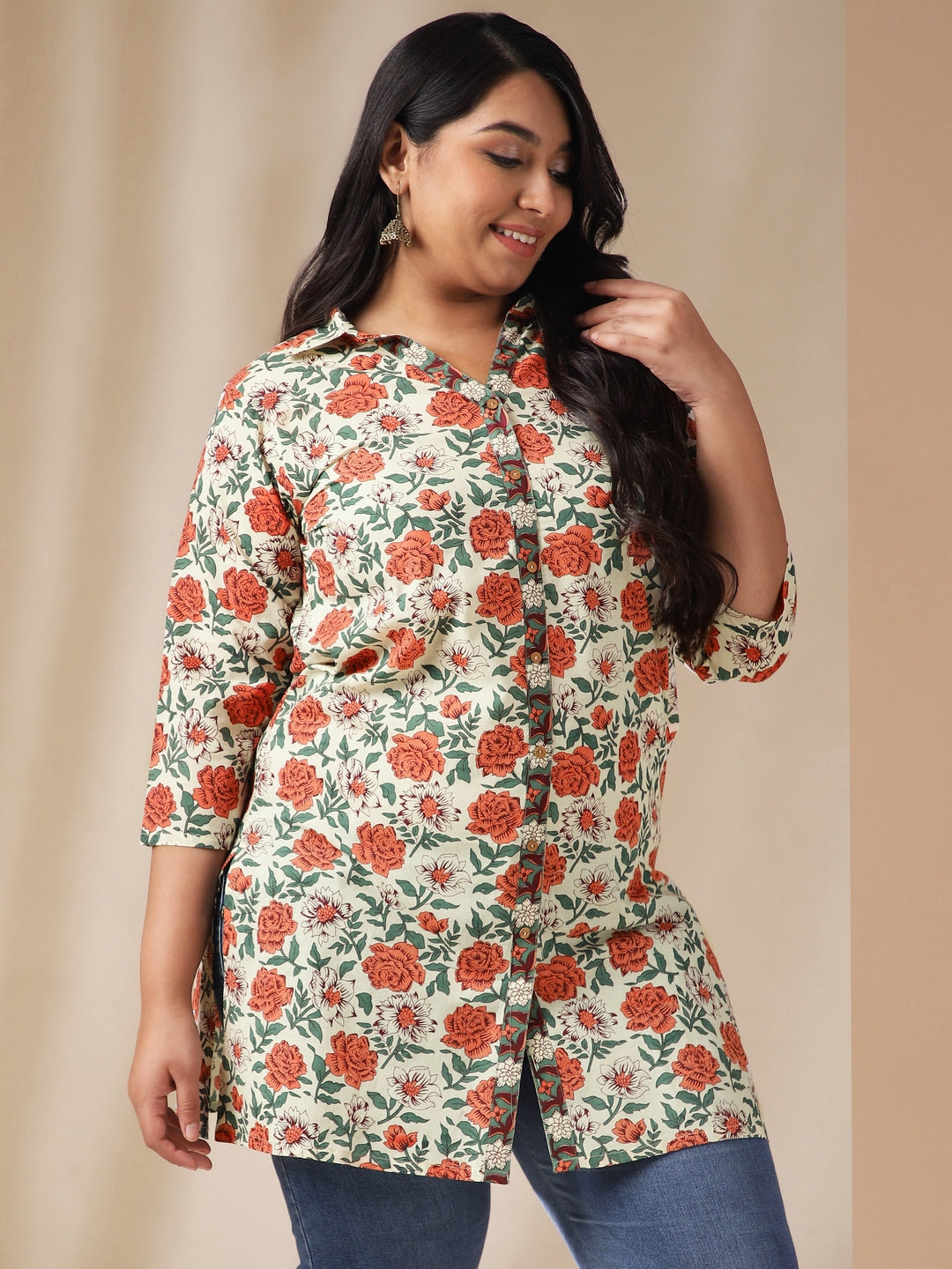 Plus Size Cream Cotton Floral Regular Tunic  - By Janasya