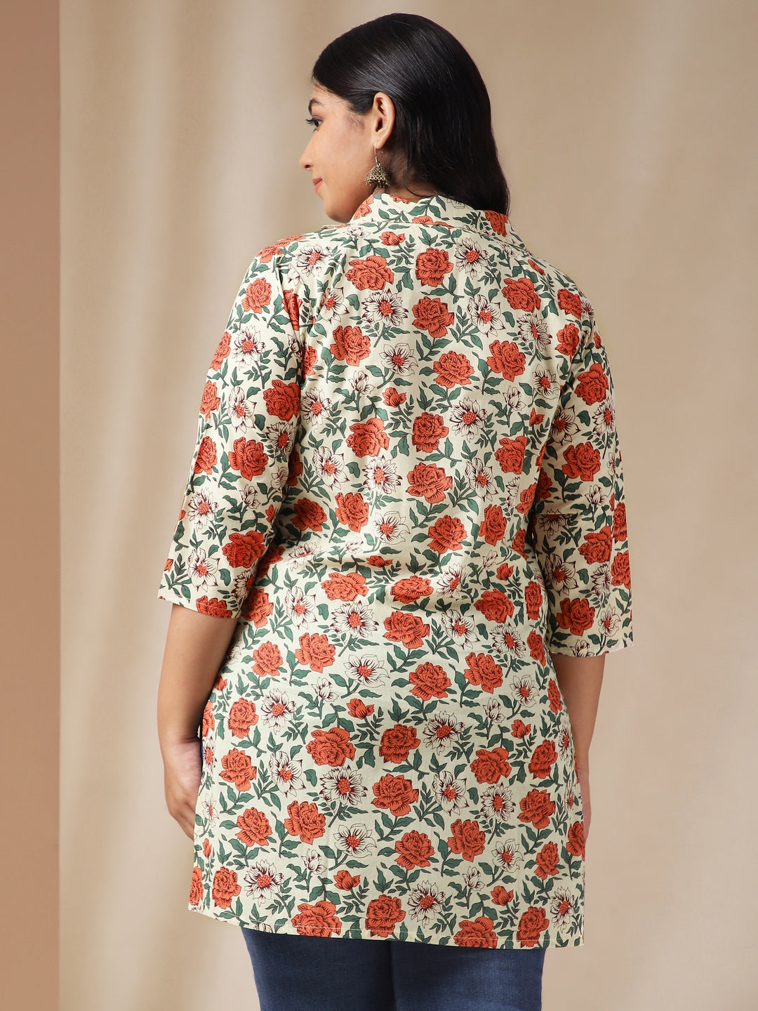 Plus Size Cream Cotton Floral Regular Tunic  - By Janasya