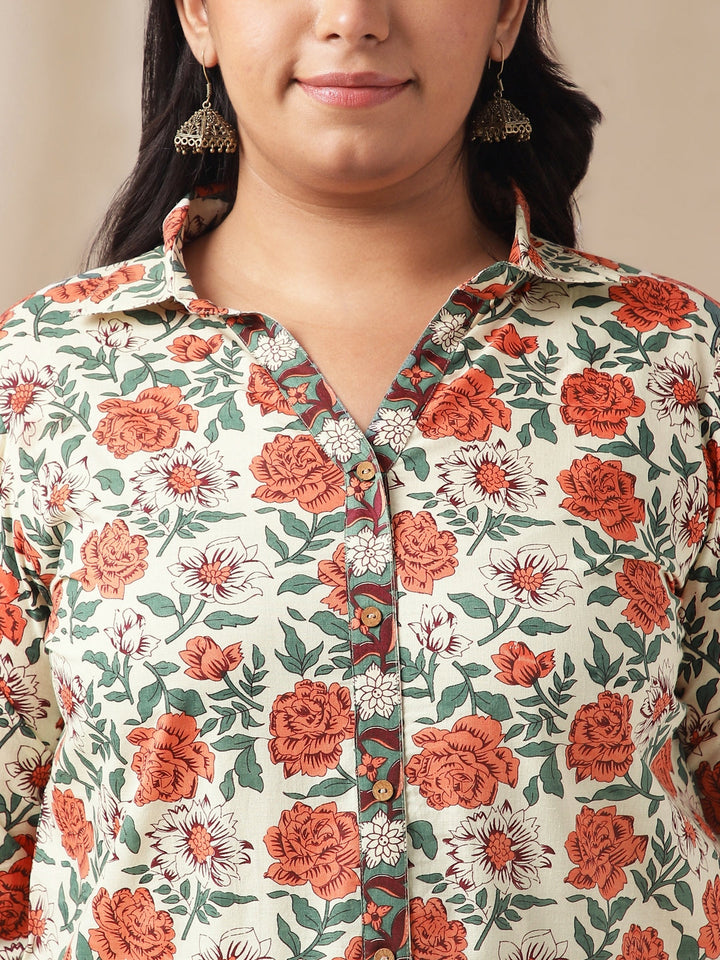 Plus Size Cream Cotton Floral Regular Tunic  - By Janasya