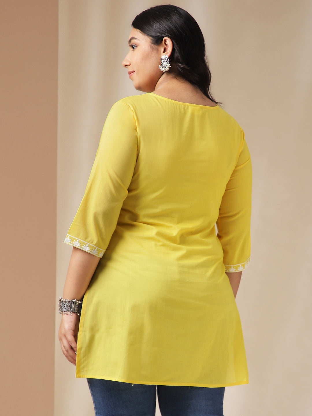 Plus Size Yellow Cotton Chikankari Regular Tunic - qivii