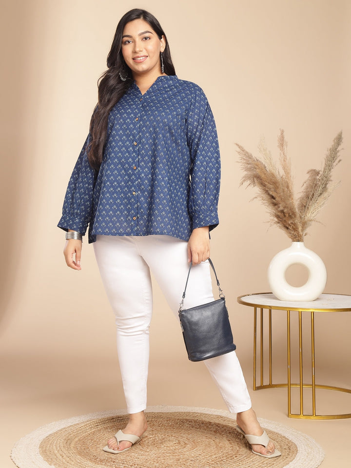 Plus Size Indigo Cotton Floral Regular Tunic  - By Janasya