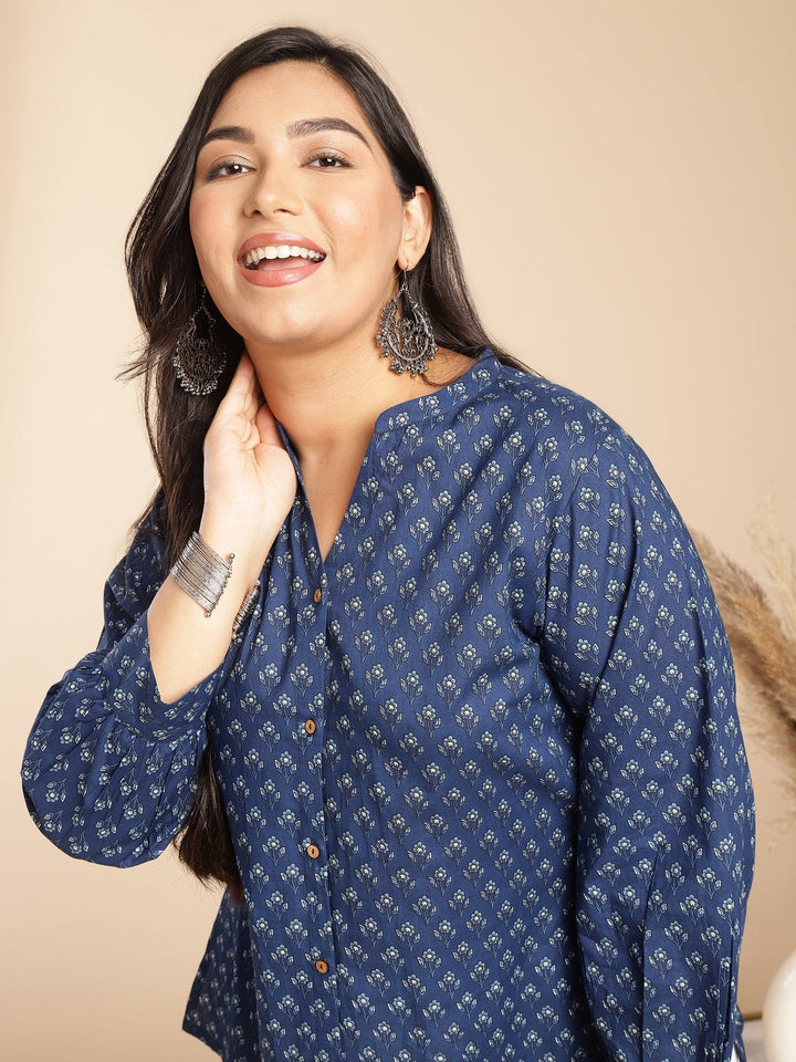 Plus Size Indigo Cotton Floral Regular Tunic  - By Janasya