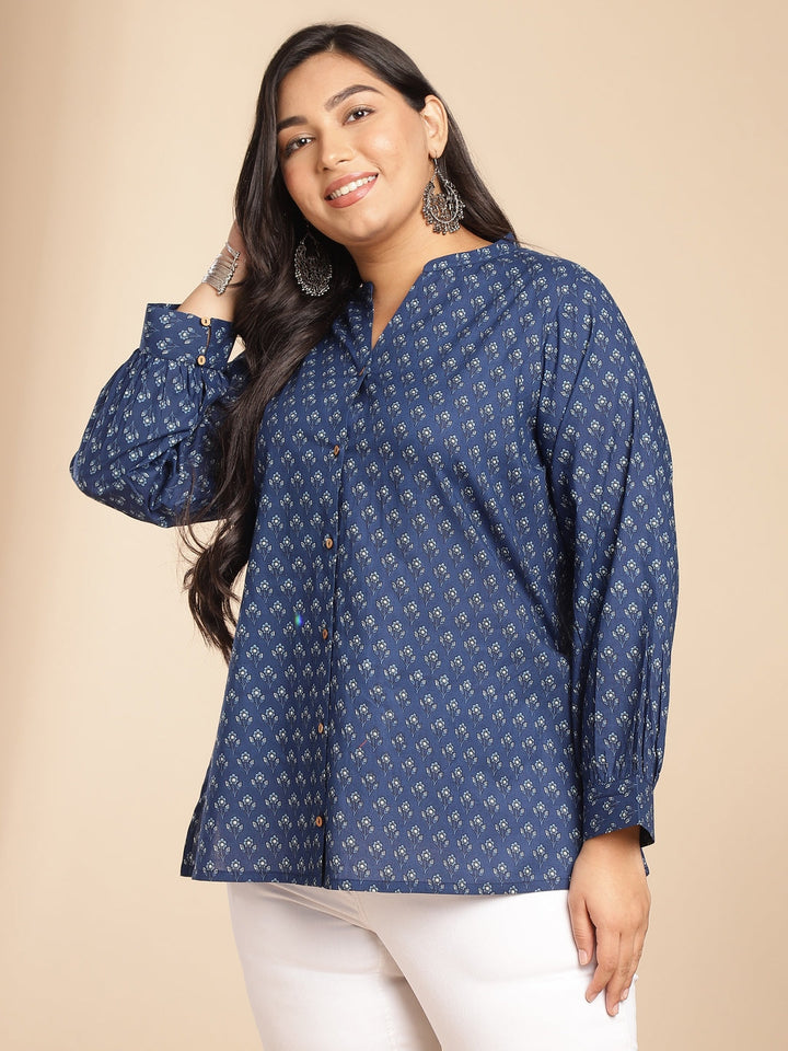 Plus Size Indigo Cotton Floral Regular Tunic  - By Janasya