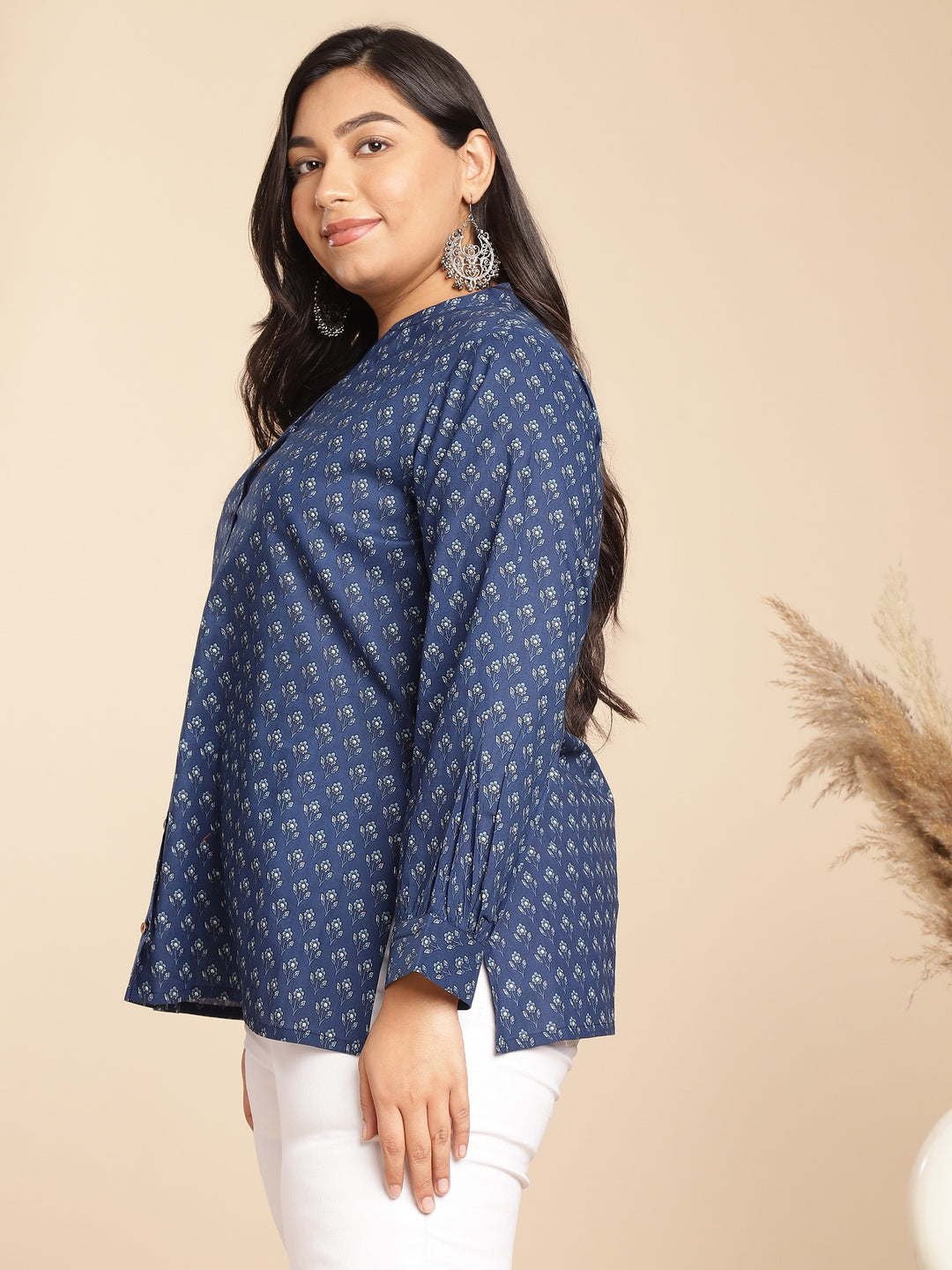 Plus Size Indigo Cotton Floral Regular Tunic  - By Janasya