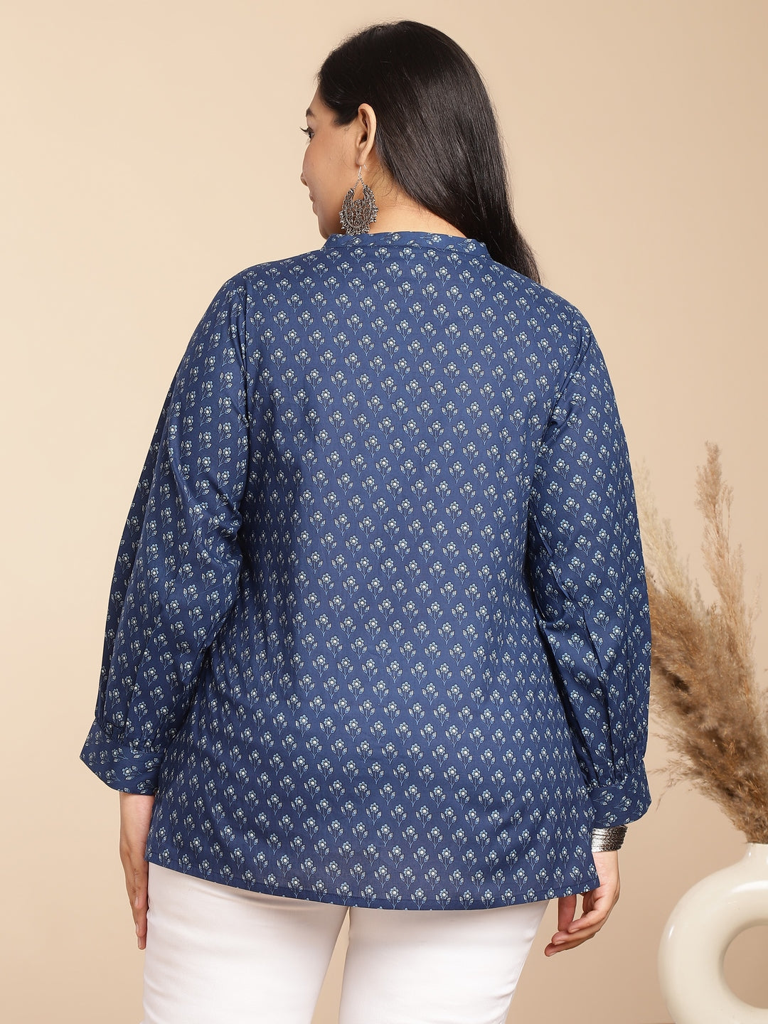 Plus Size Indigo Cotton Floral Regular Tunic  - By Janasya