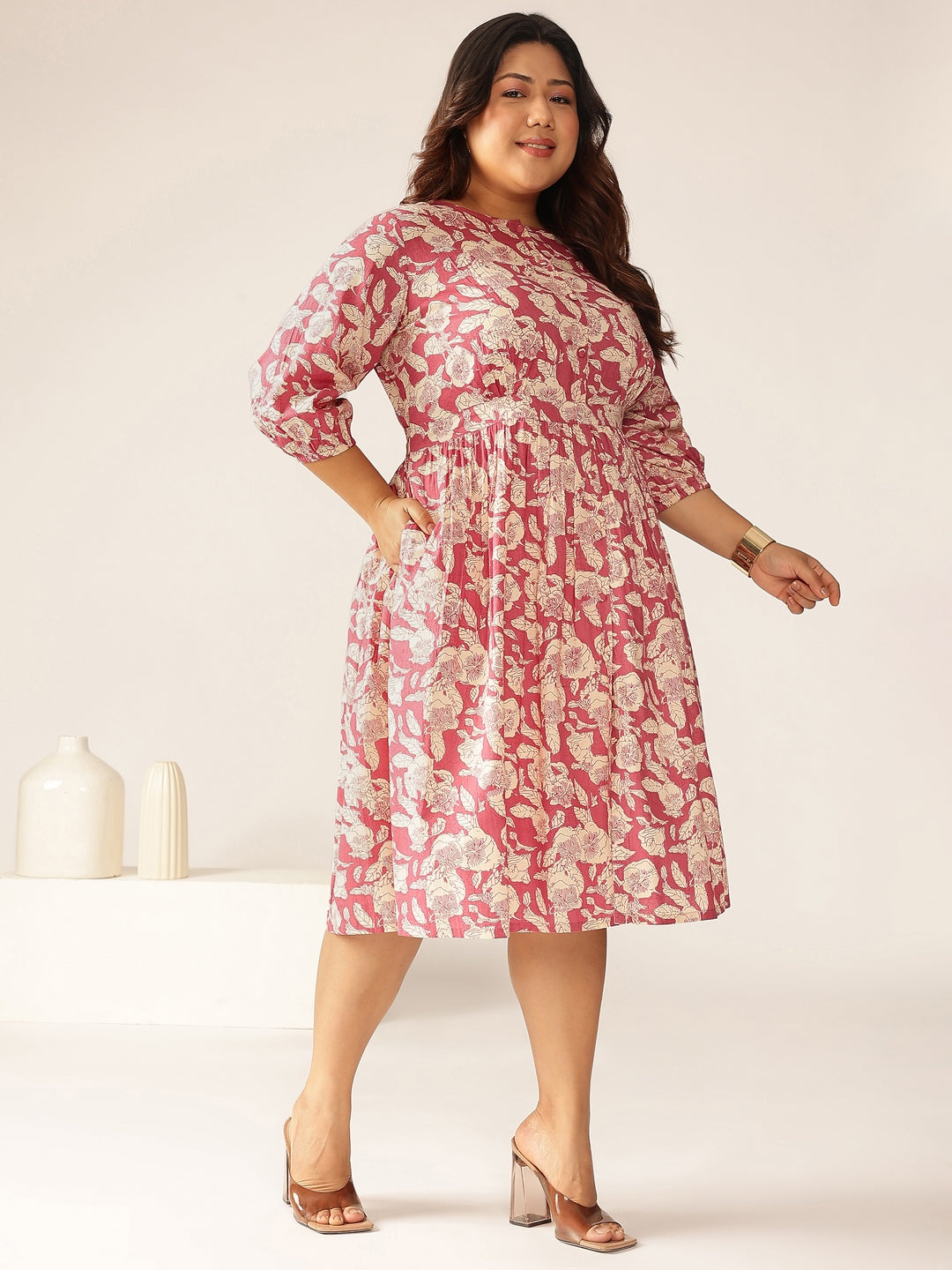Plus Size Mauve Pure Cotton Floral Printed Gathered Dress - qivii