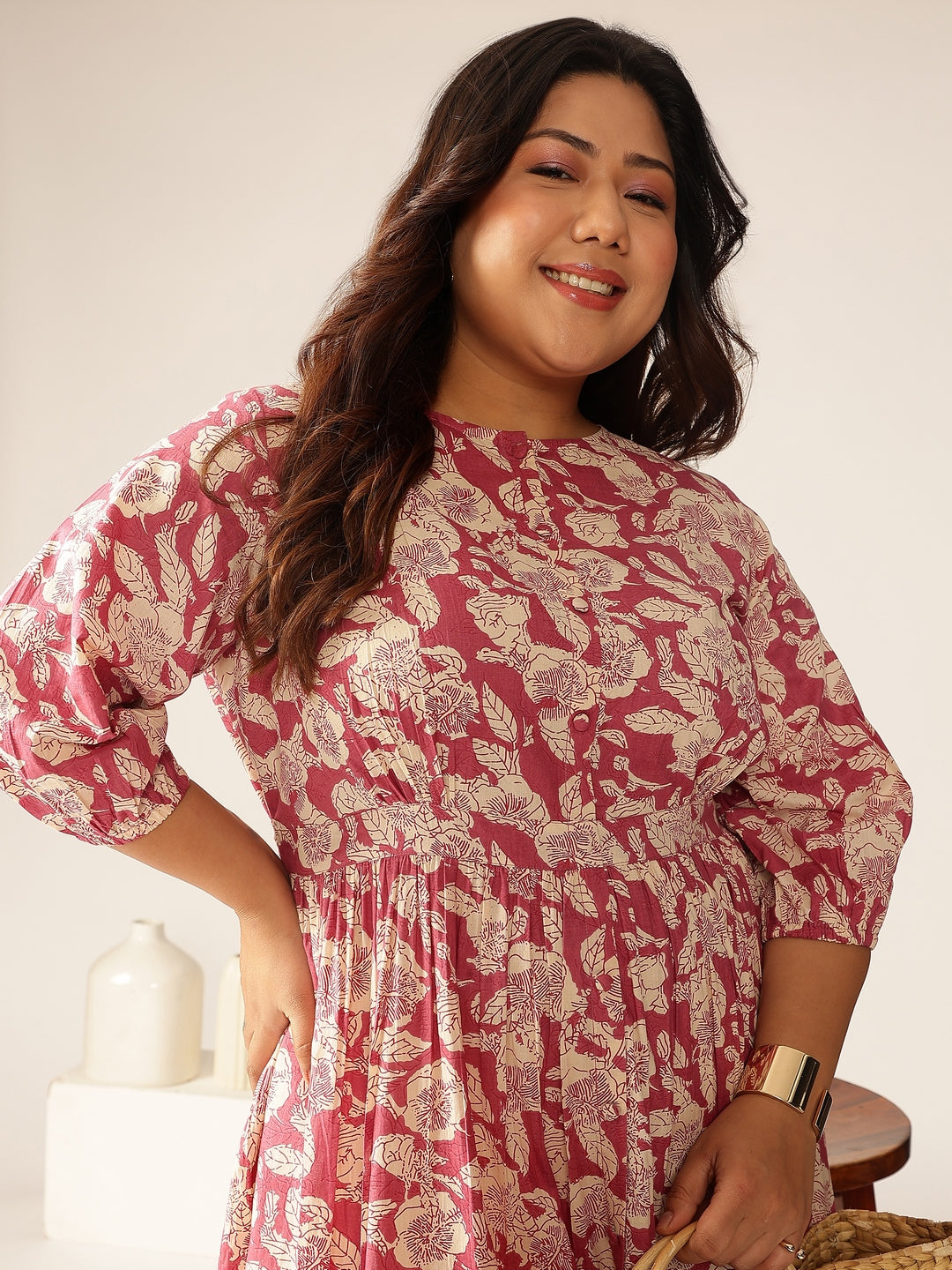 Plus Size Mauve Pure Cotton Floral Printed Gathered Dress - qivii