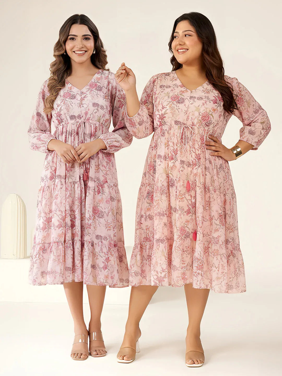 Plus Size Pink Georgette Floral Printed Tiered Dress