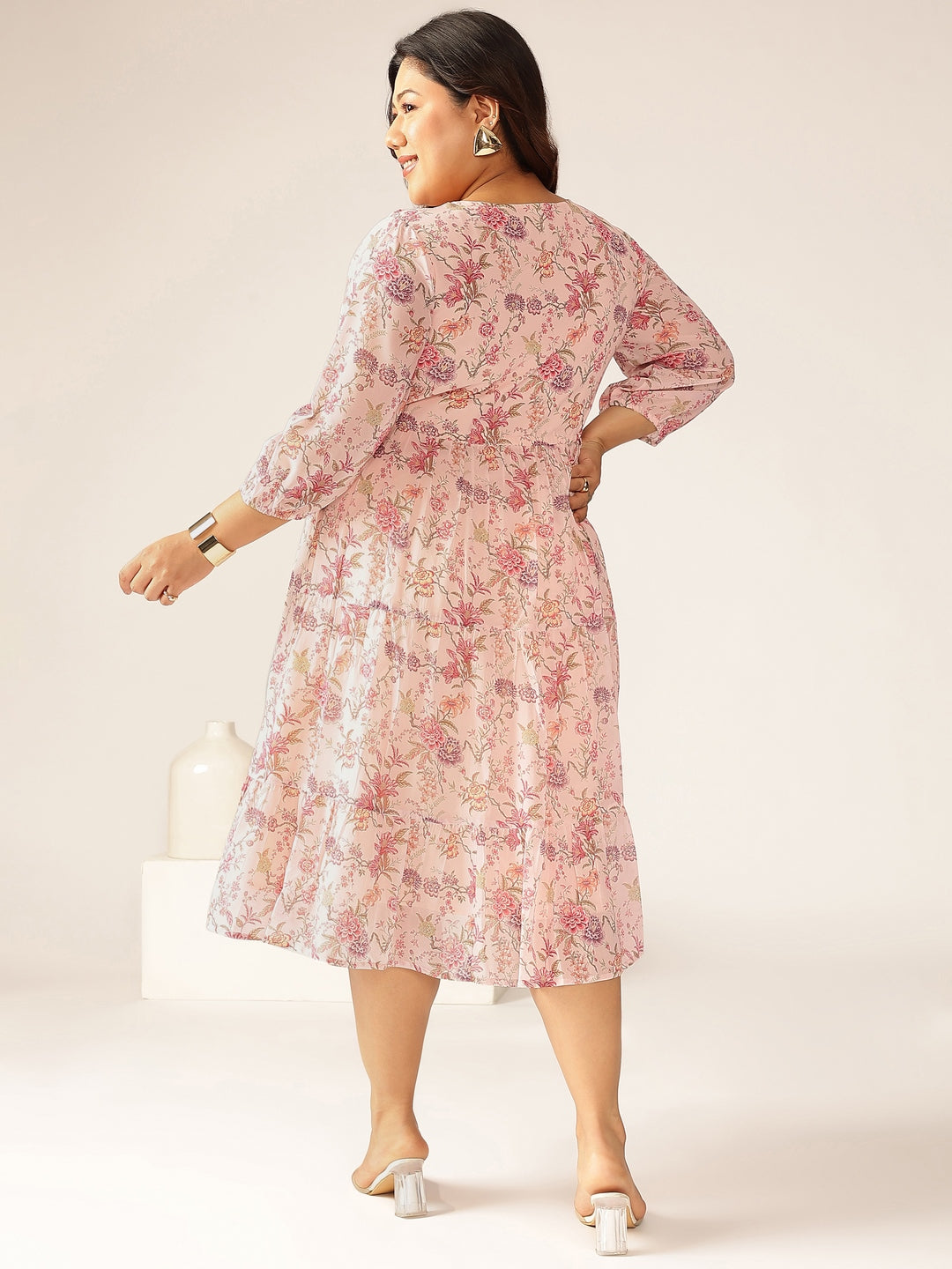 Plus Size Pink Georgette Floral Printed Tiered Dress - qivii