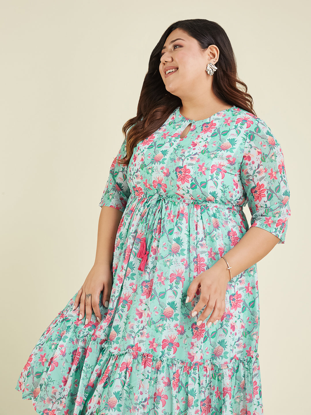 Janasya Women's Plus Size Aqua Georgette Floral Printed Fit & Flare Dress - qivii