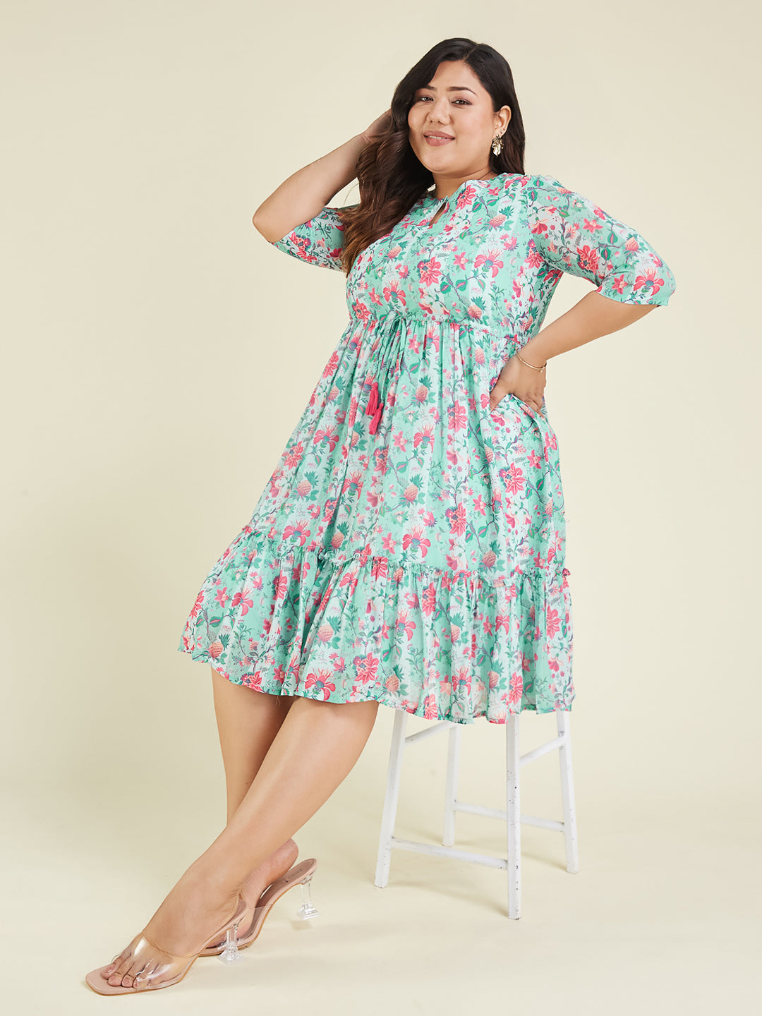 Janasya Women's Plus Size Aqua Georgette Floral Printed Fit & Flare Dress - qivii