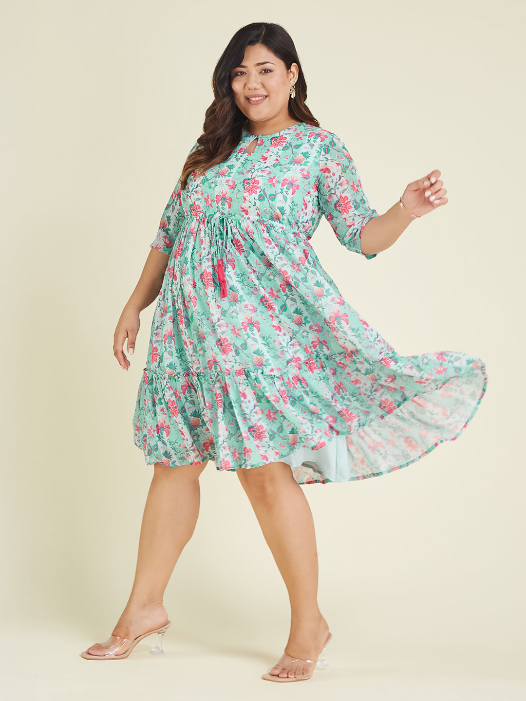 Janasya Women's Plus Size Aqua Georgette Floral Printed Fit & Flare Dress - qivii
