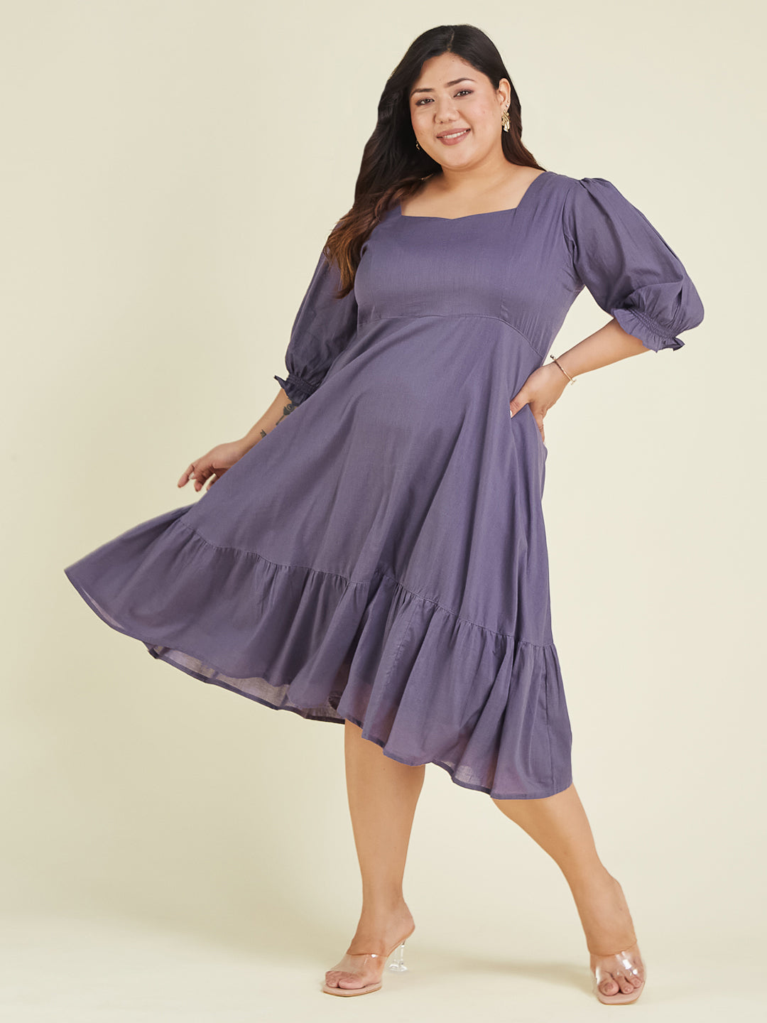 Janasya Women's Plus Size Purple Pure Cotton Solid A-line Dress - qivii
