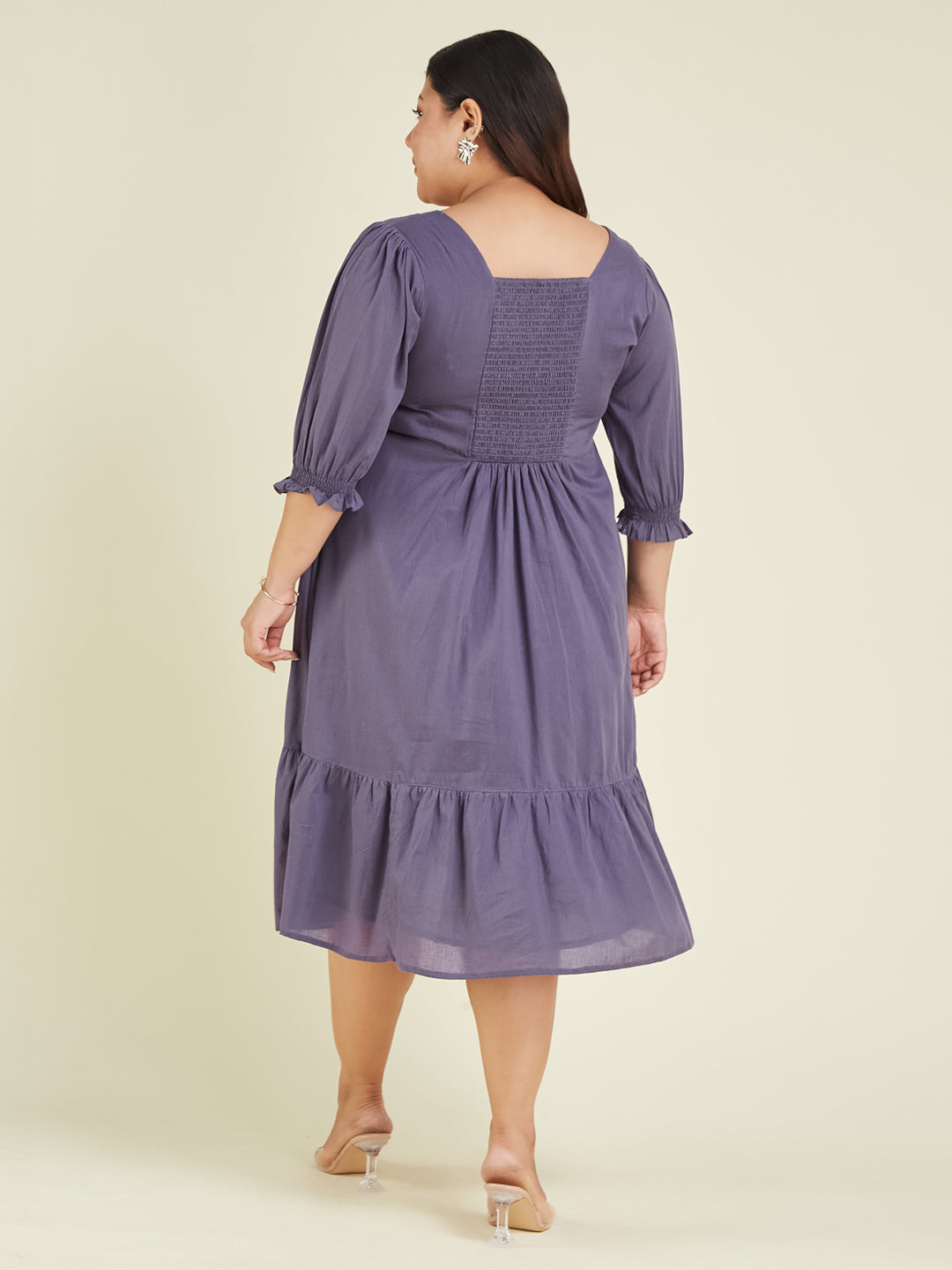 Janasya Women's Plus Size Purple Pure Cotton Solid A-line Dress - qivii