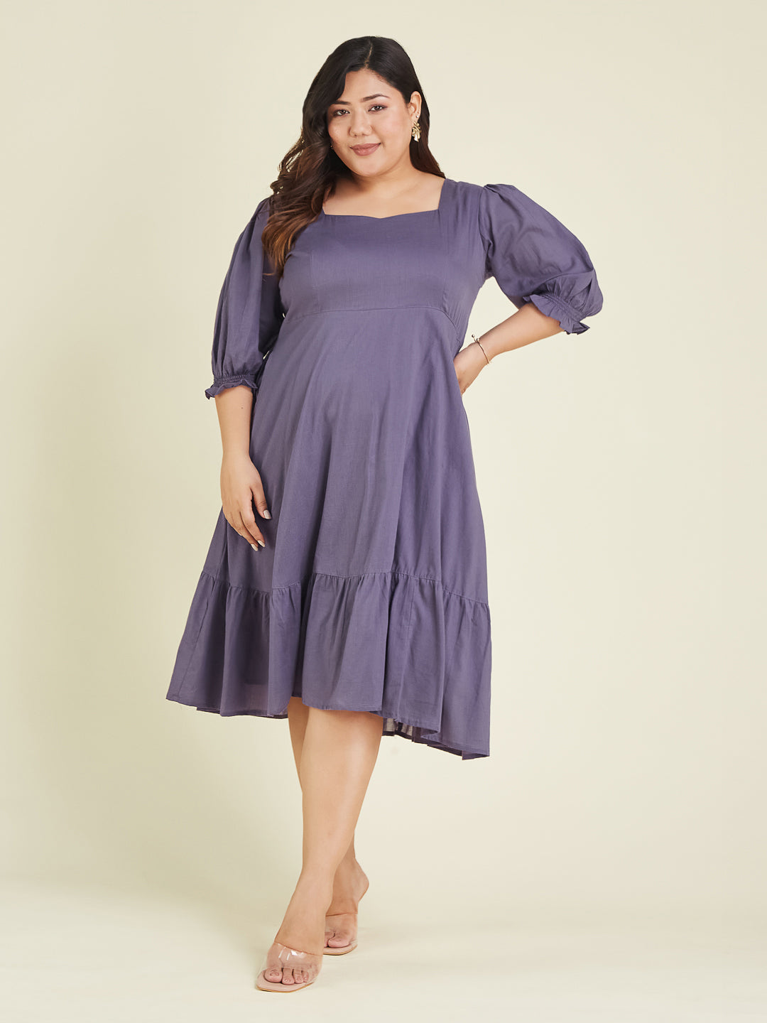 Janasya Women's Plus Size Purple Pure Cotton Solid A-line Dress - qivii