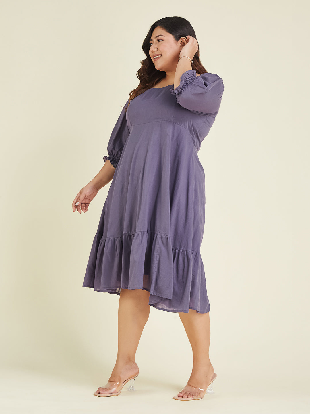 Janasya Women's Plus Size Purple Pure Cotton Solid A-line Dress - qivii