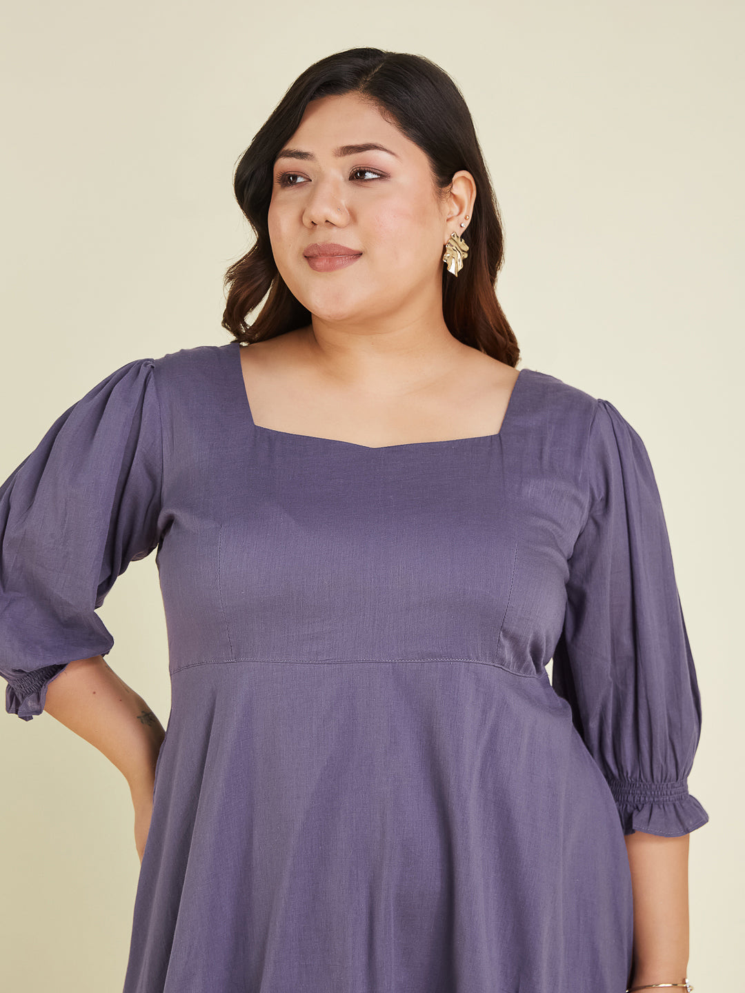 Janasya Women's Plus Size Purple Pure Cotton Solid A-line Dress - qivii
