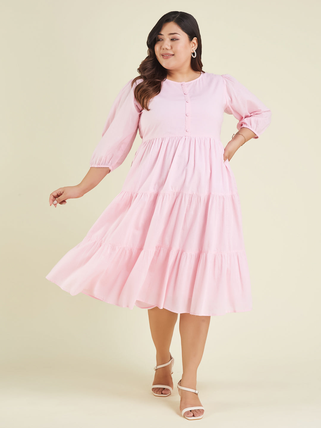Janasya Women's Plus Size Pink Pure Cotton Solid Tiered Dress - qivii