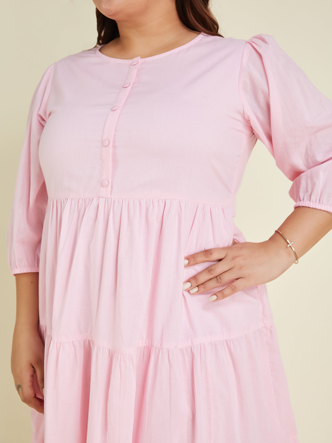 Janasya Women's Plus Size Pink Pure Cotton Solid Tiered Dress - qivii