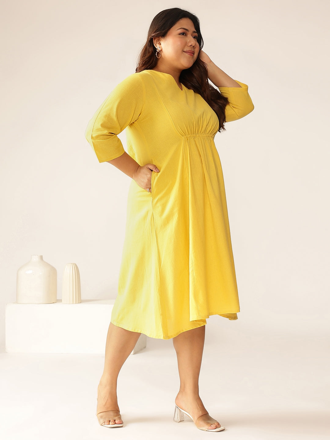 Plus Size Yellow Cotton Solid A-line Dress - qivii