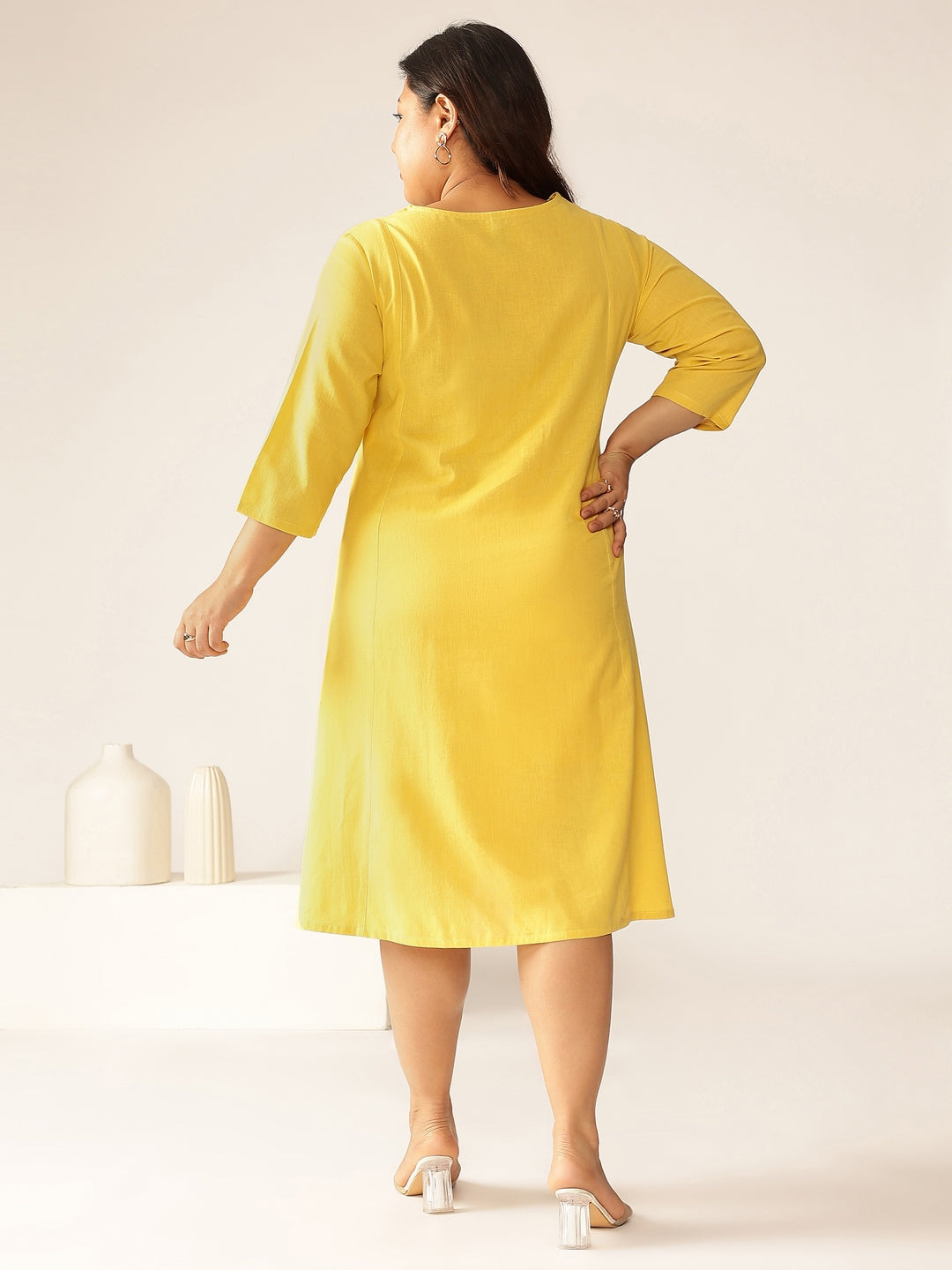 Plus Size Yellow Cotton Solid A-line Dress - qivii