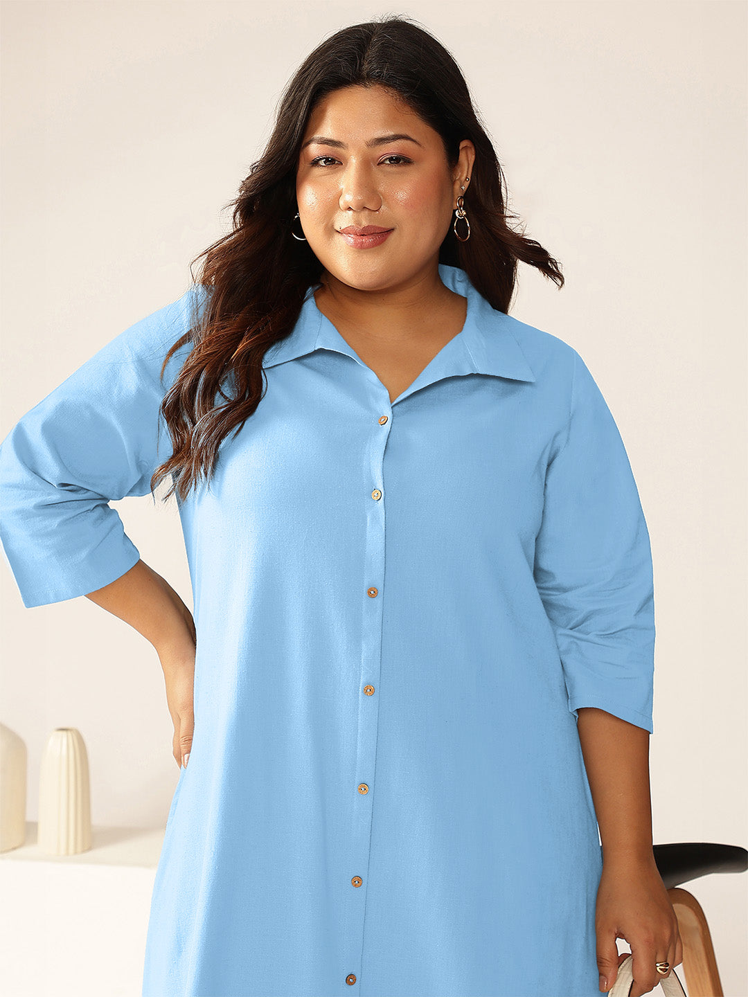 Plus Size Light Blue Cotton Solid Button Down Shirt Style A-line Dress - qivii
