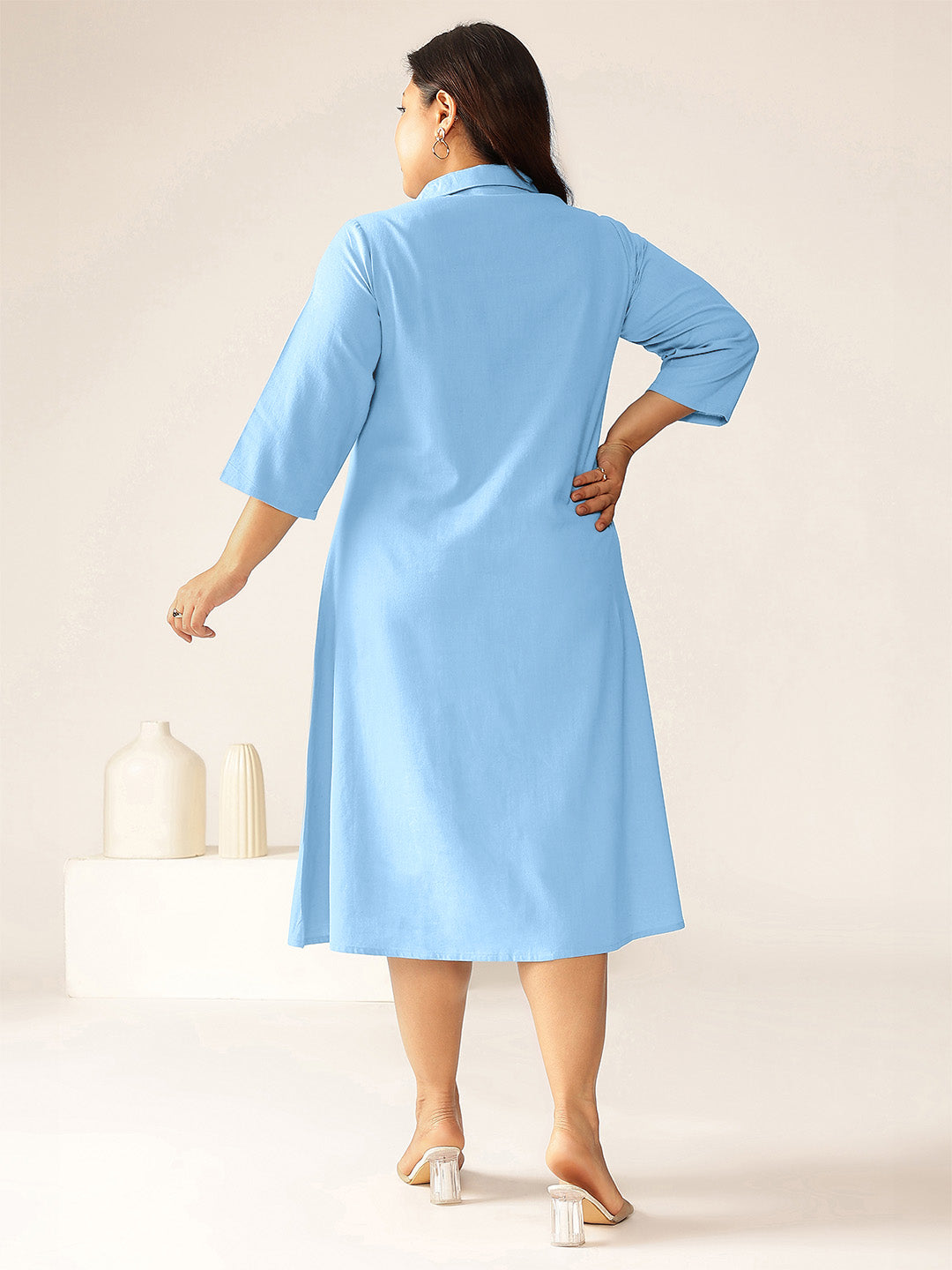 Plus Size Light Blue Cotton Solid Button Down Shirt Style A-line Dress - qivii