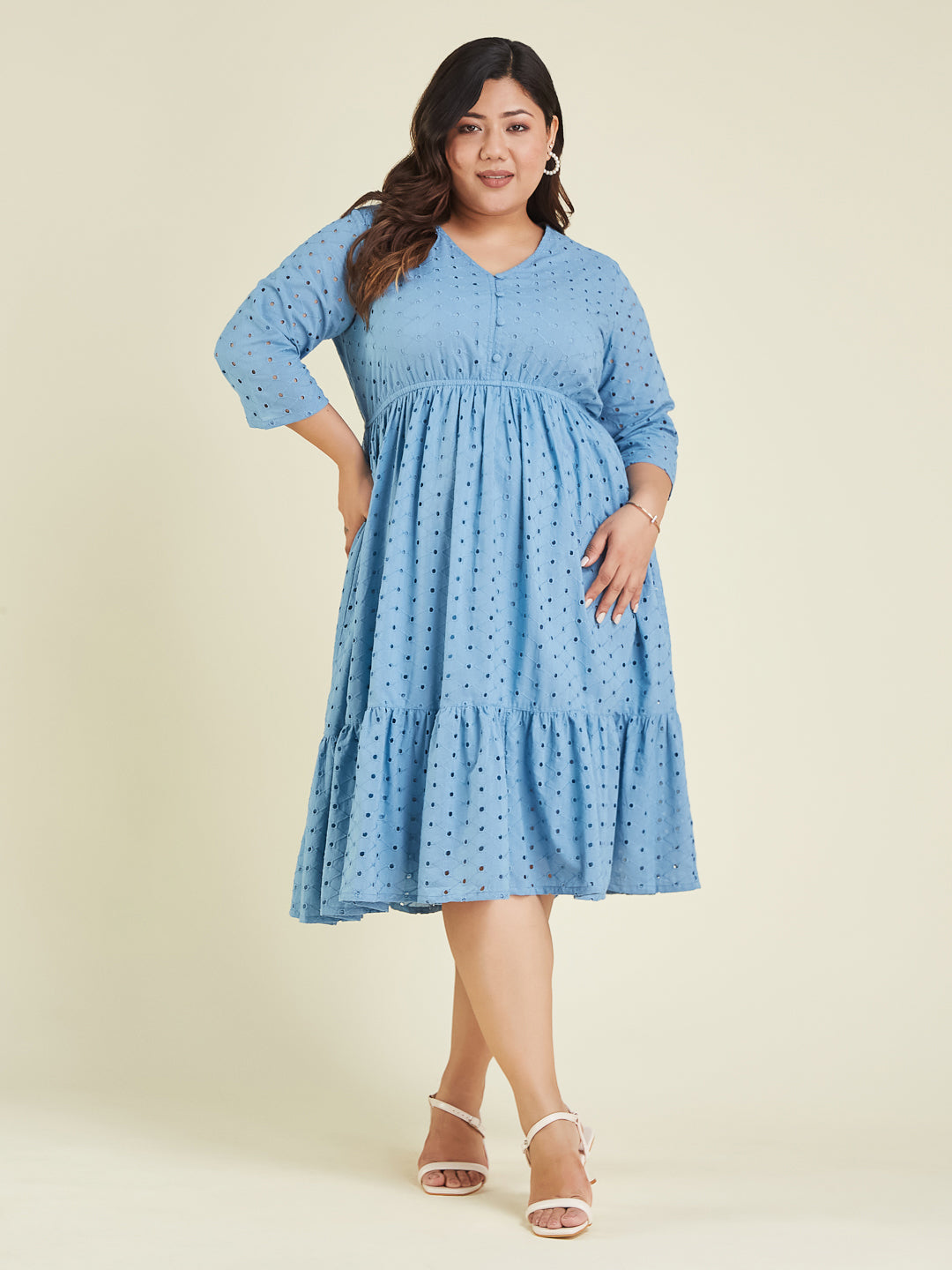Janasya Women's Plus Size Light Blue Pure Cotton Schiffli Fit & Flare Dress - qivii