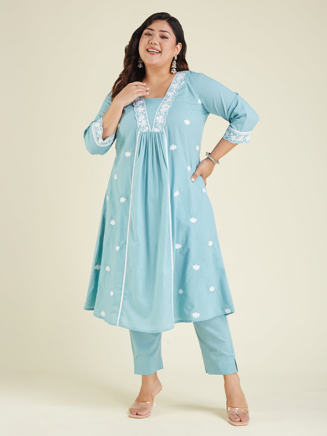 Janasya Women's Plus Size Light Blue Pure Cotton Embroidered A-line Kurta Pant Set - qivii