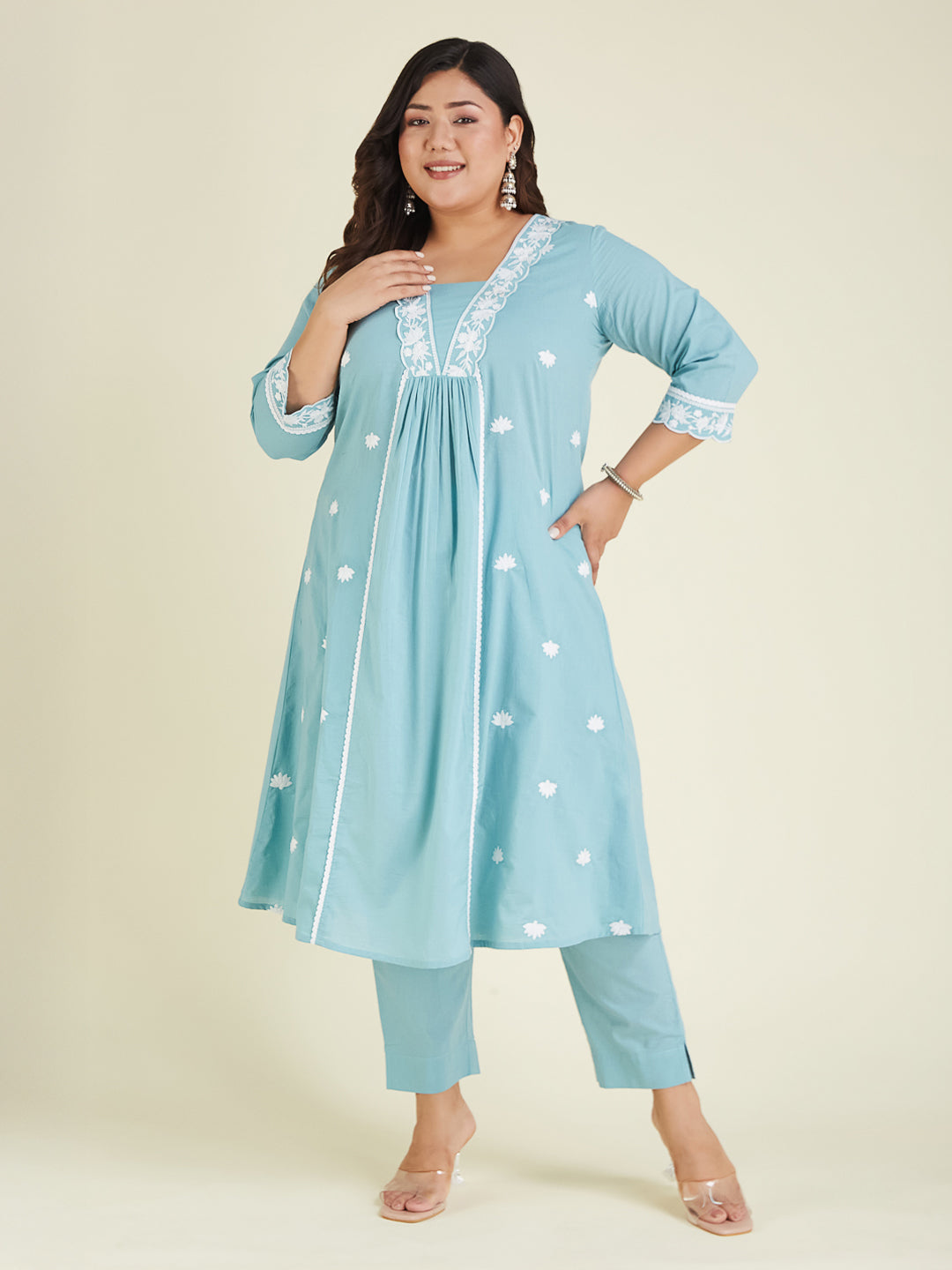 Janasya Women's Plus Size Light Blue Pure Cotton Embroidered A-line Kurta Pant Set - qivii