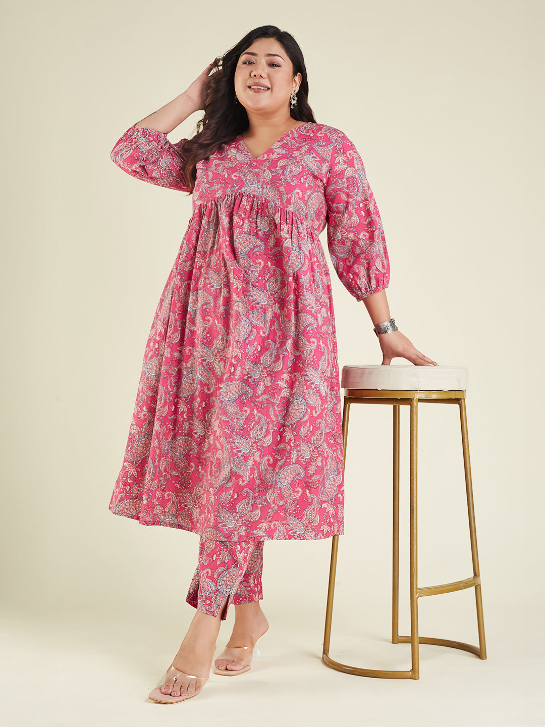Janasya Women's Plus Size Pink Pure Cotton Floral Printed A-line Kurta Pant Set - qivii