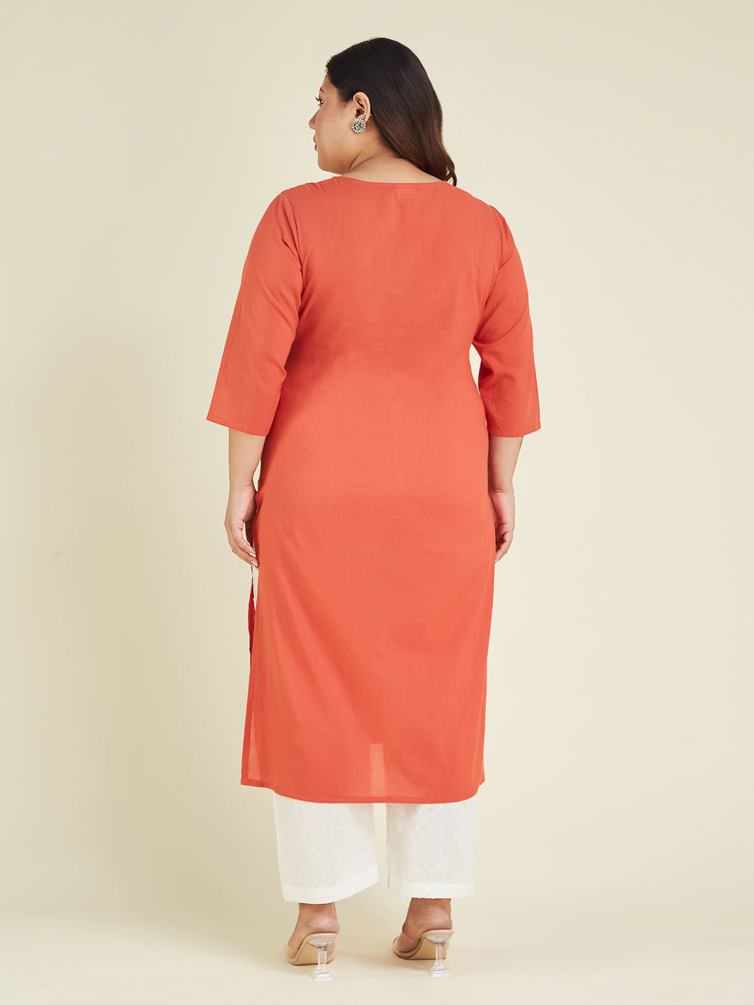 Janasya Women's Plus Size Rust Pure Cotton Yoke Embroidered Straight Kurta - qivii