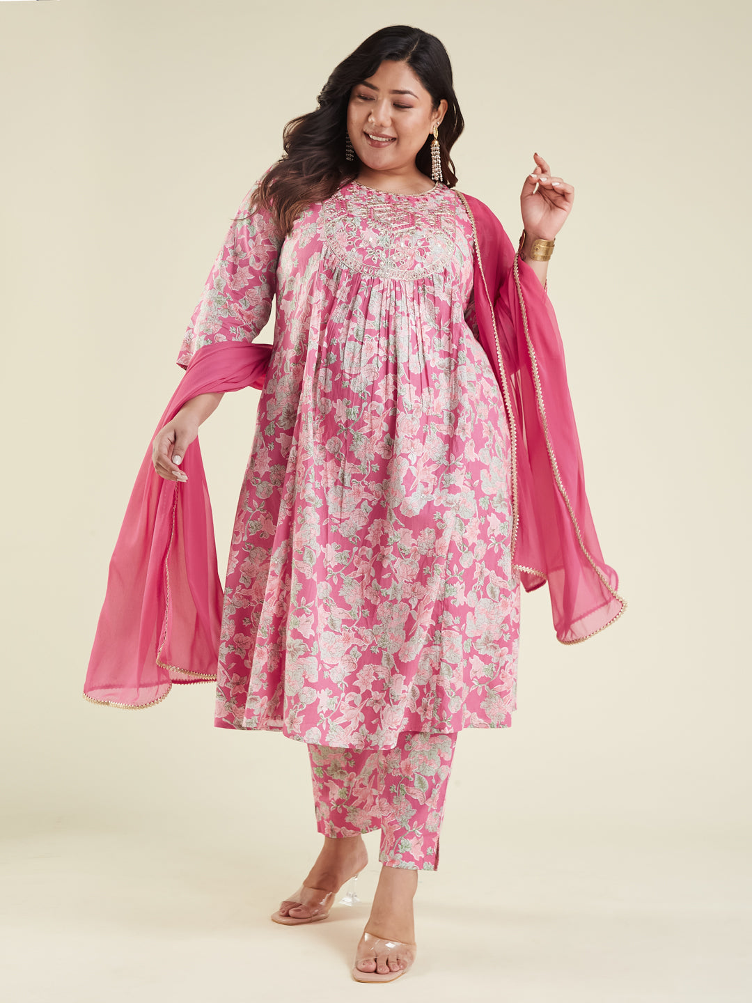 Janasya Women's Plus Size Pink Pure Cotton Yoke Embroidered Floral Printed A-line Kurta Set - qivii