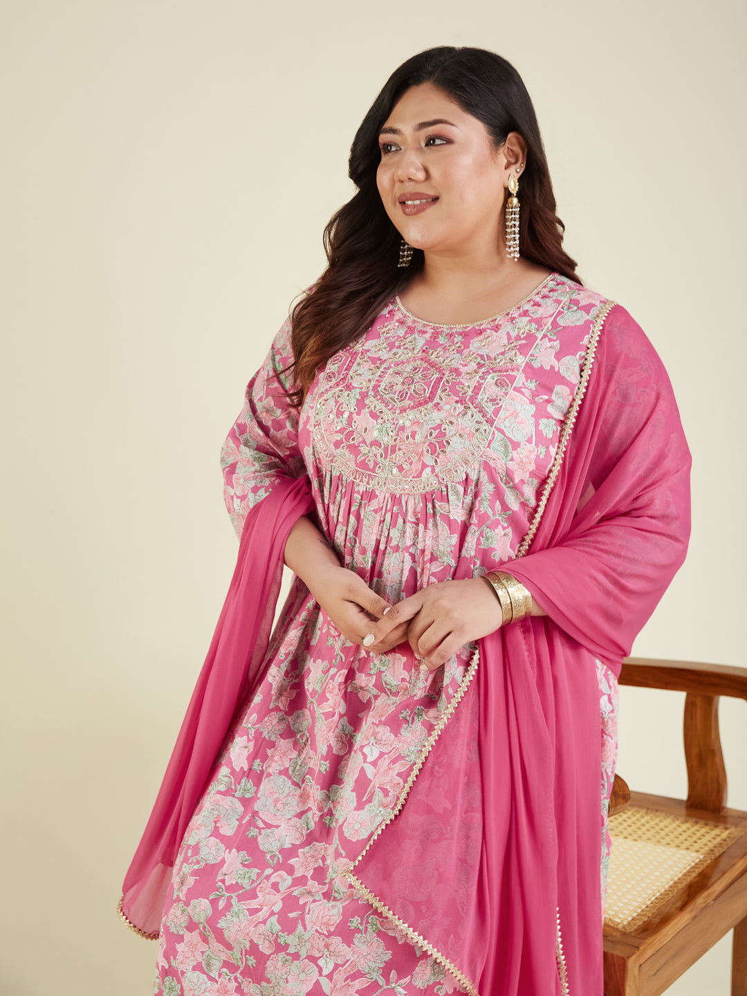 Janasya Women's Plus Size Pink Pure Cotton Yoke Embroidered Floral Printed A-line Kurta Set - qivii