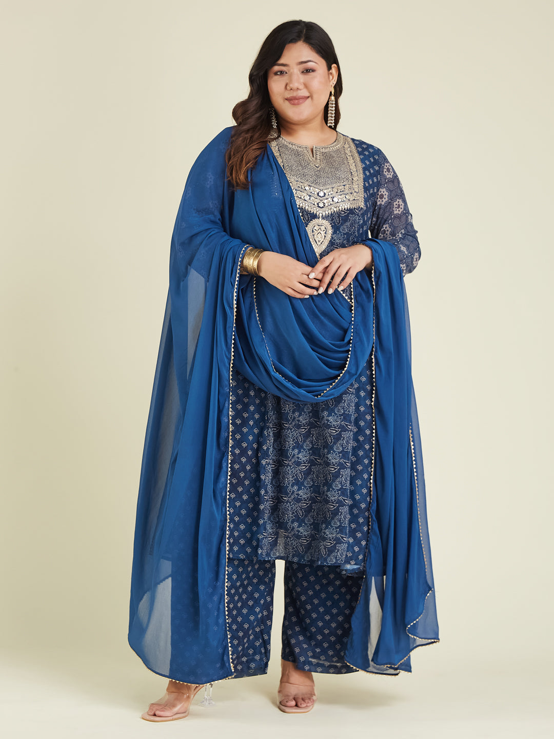 Janasya Women's Plus Size Dark Blue Georgette Ajrakh Printed Embellished Anarkali Kurta Set - qivii