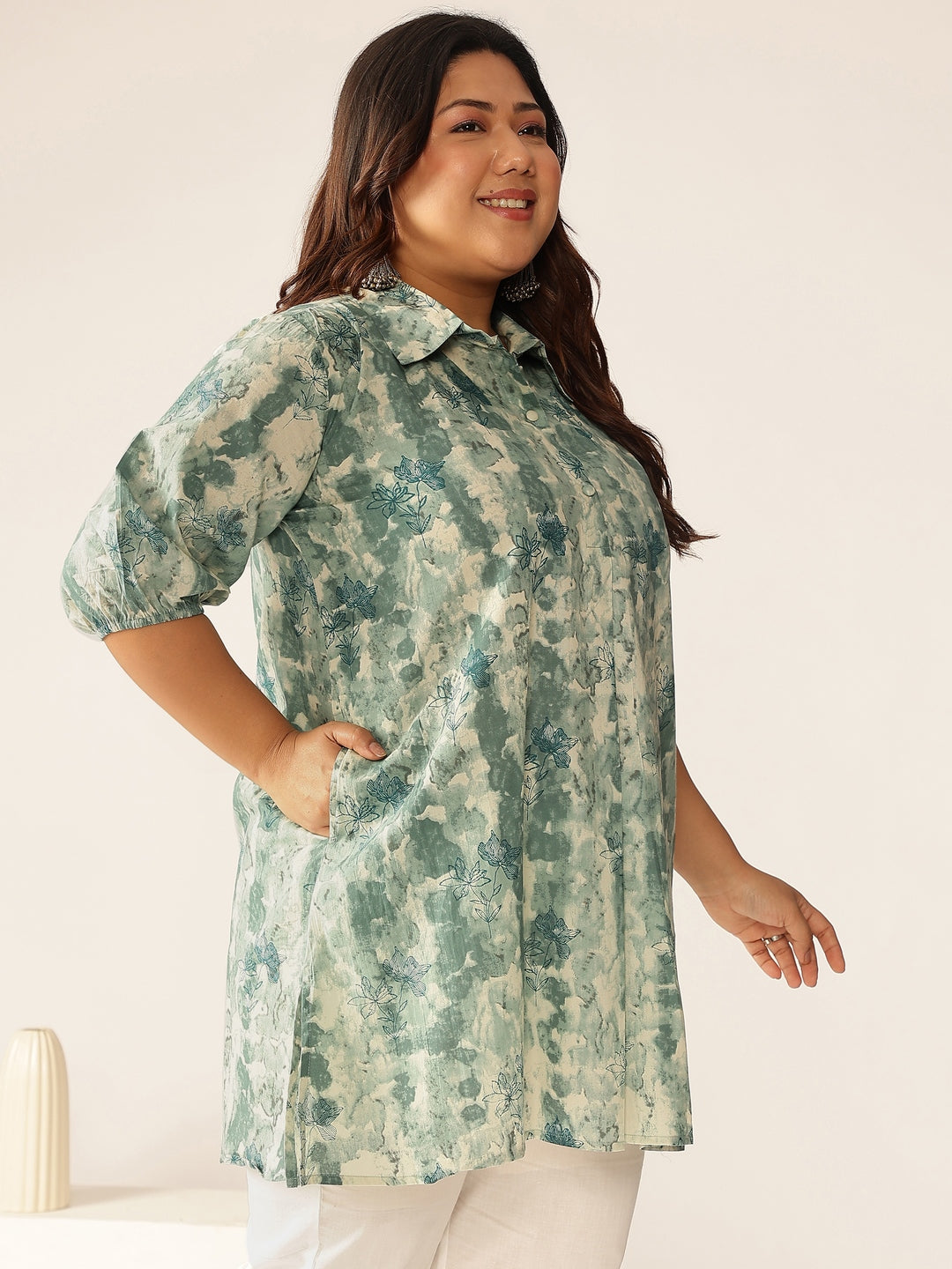Plus Size Aqua Pure Cotton Tie & Dye A-line Tunic - qivii