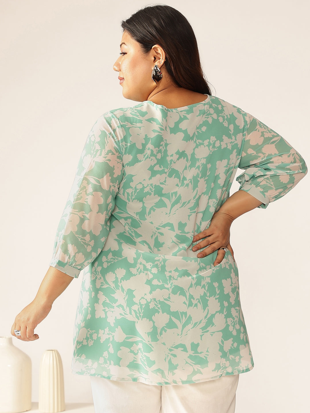 Plus Size Green Georgette Floral Printed A-line Tunic - qivii