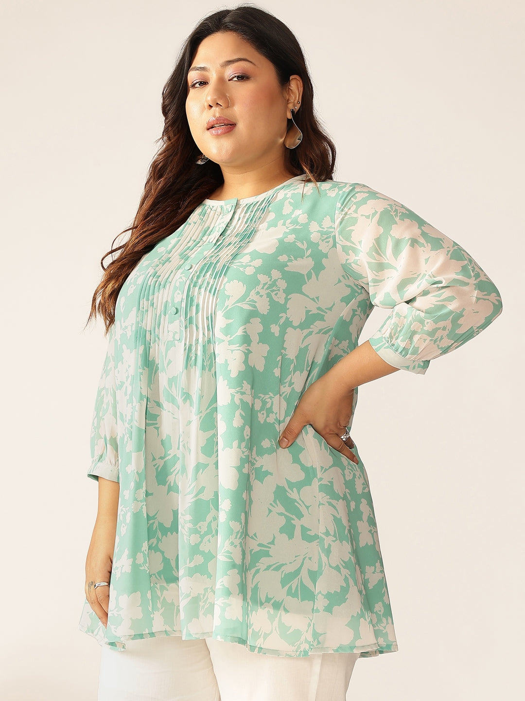 Plus Size Green Georgette Floral Printed A-line Tunic - qivii