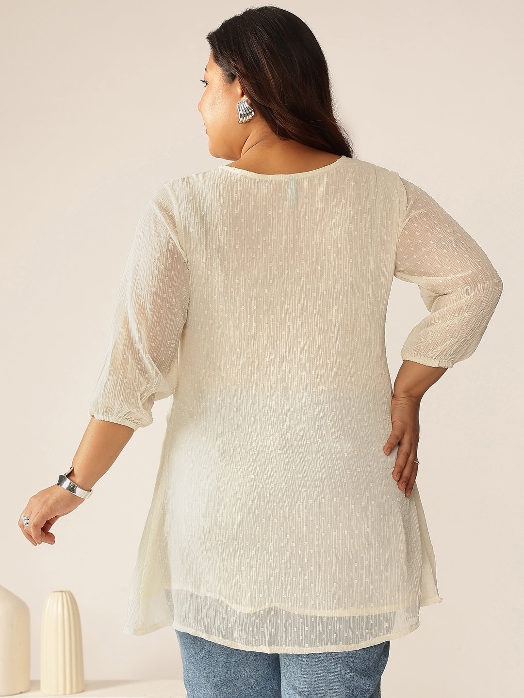 Janasya Women's Plus Size Off White Dobby Chiffon Self Design A-line Tunic - qivii