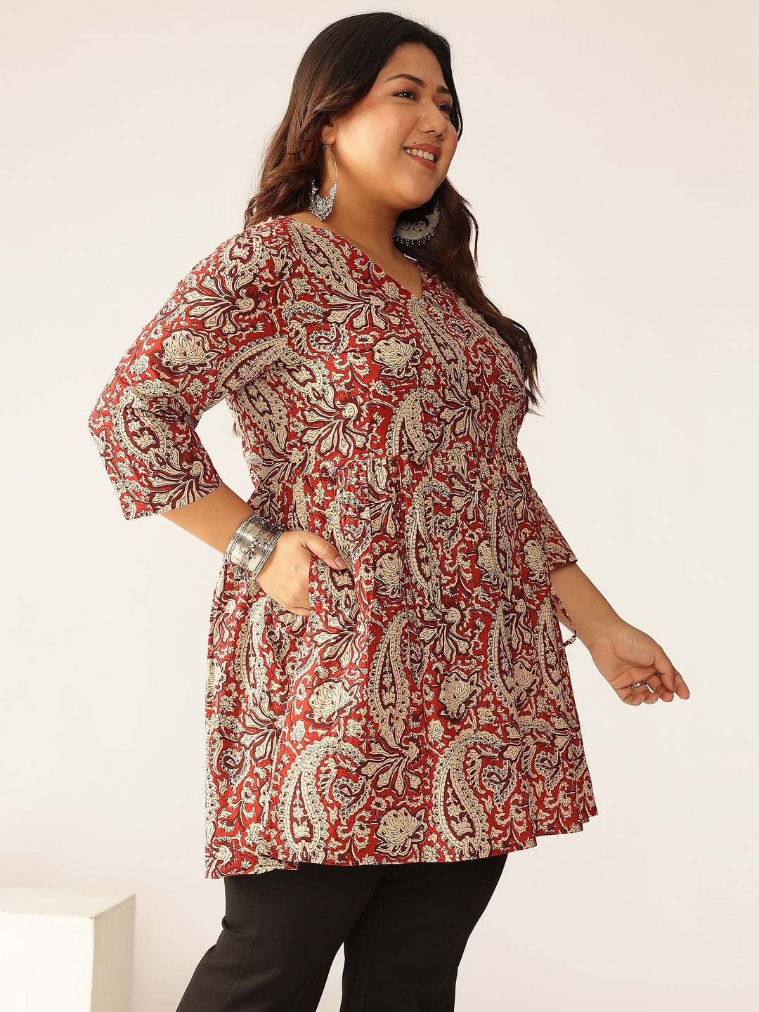 Plus Size Maroon Pure Cotton Paisley Printed Peplum Tunic - qivii