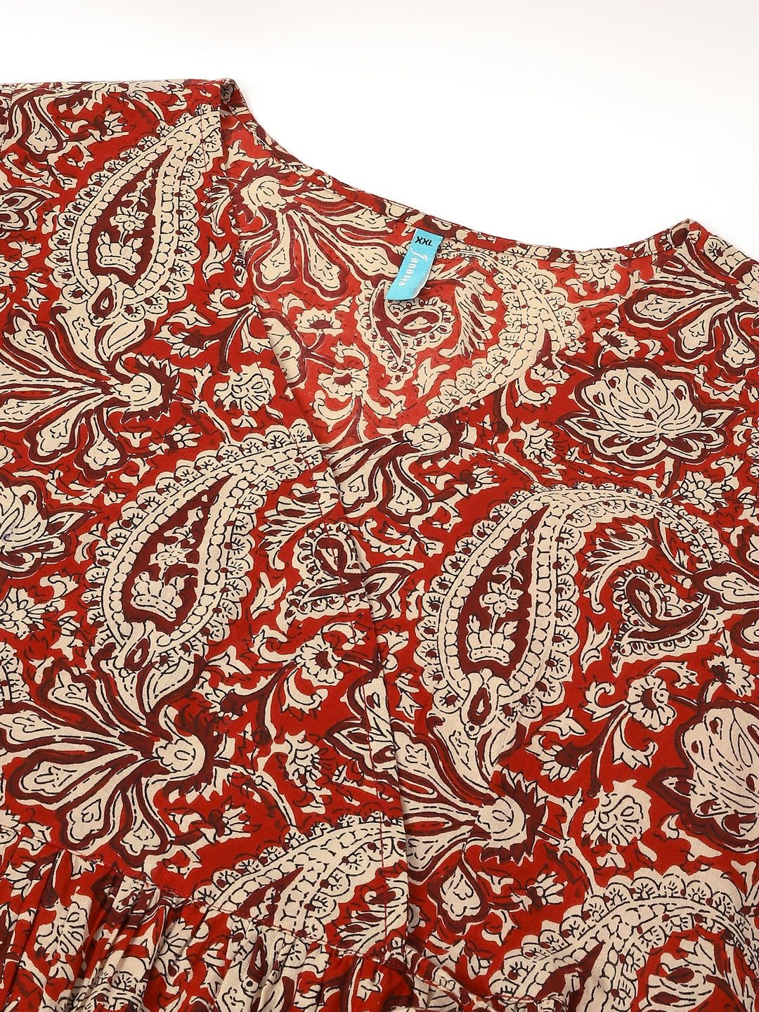 Plus Size Maroon Pure Cotton Paisley Printed Peplum Tunic - qivii
