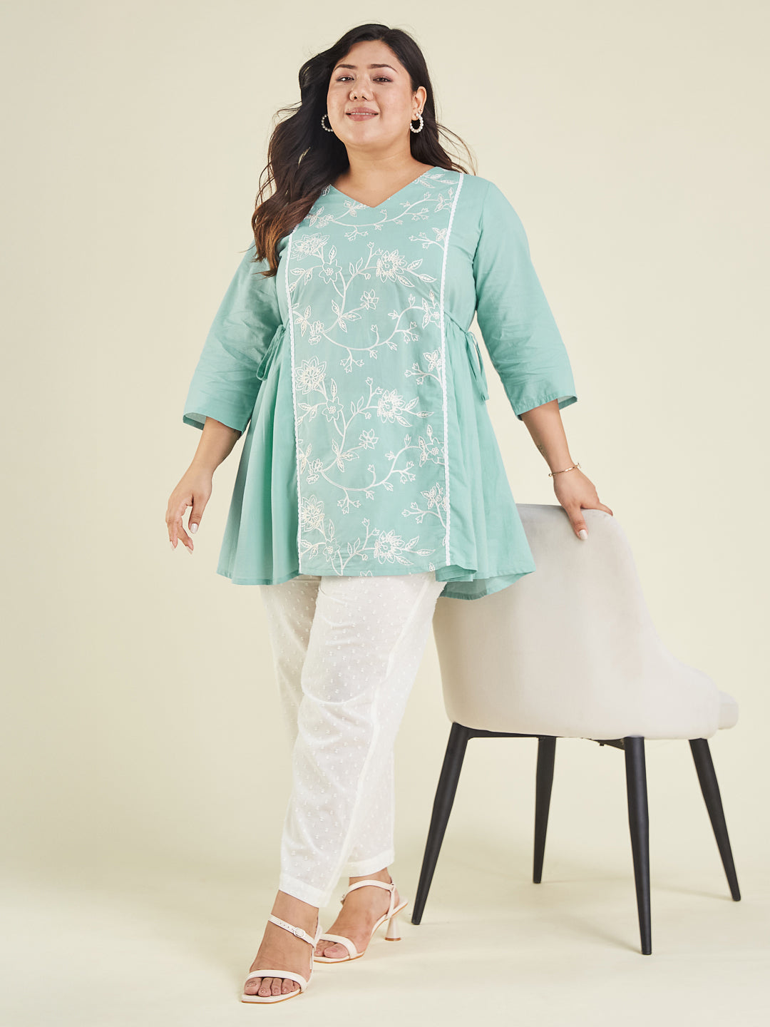 Janasya Women's Plus Size Light Blue Pure Cotton Embroidered A-line Tunic - qivii