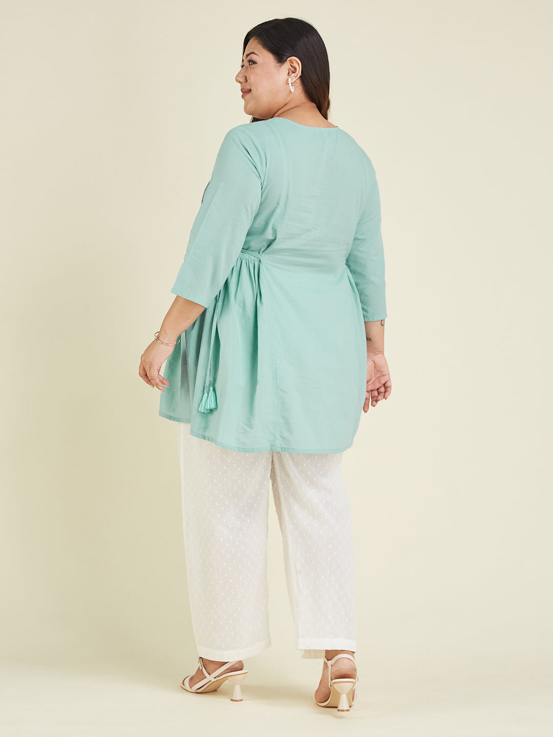 Janasya Women's Plus Size Light Blue Pure Cotton Embroidered A-line Tunic - qivii