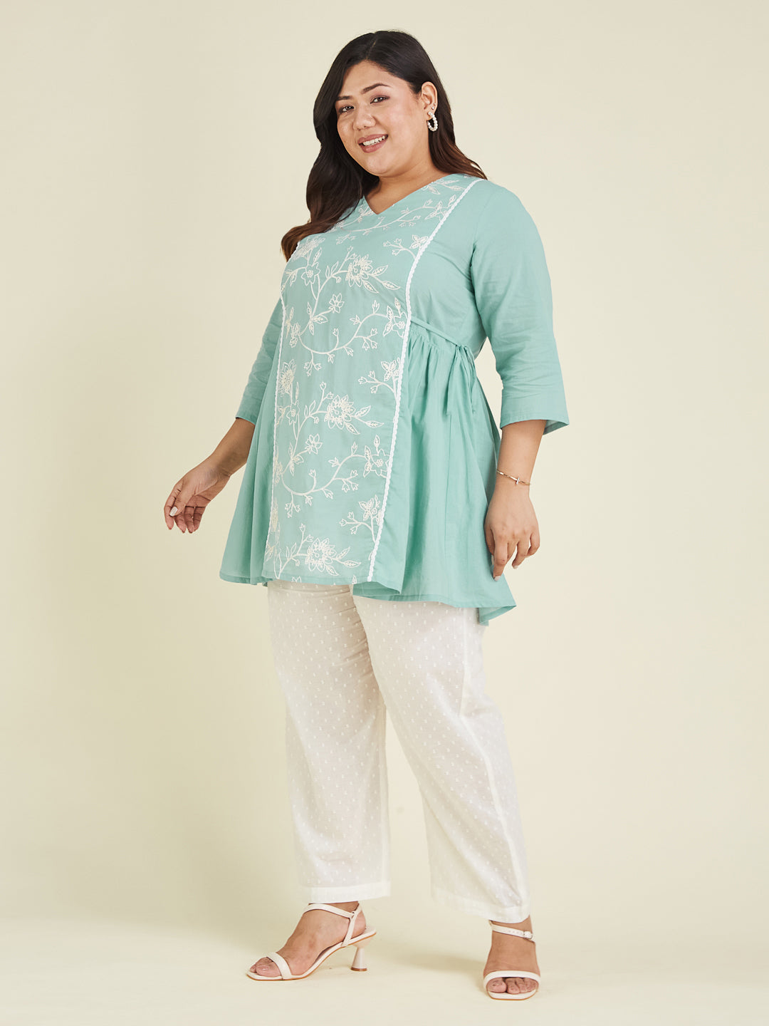 Janasya Women's Plus Size Light Blue Pure Cotton Embroidered A-line Tunic - qivii