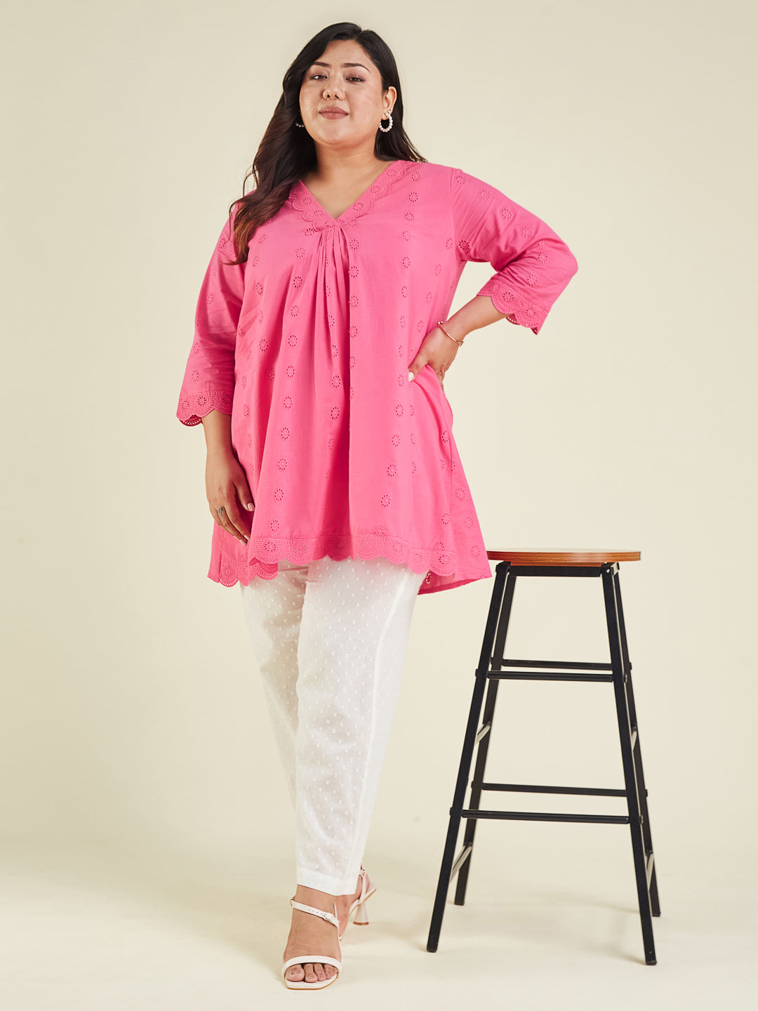 Janasya Women's Plus Size Pink Pure Cotton Schiffli A-line Tunic - qivii