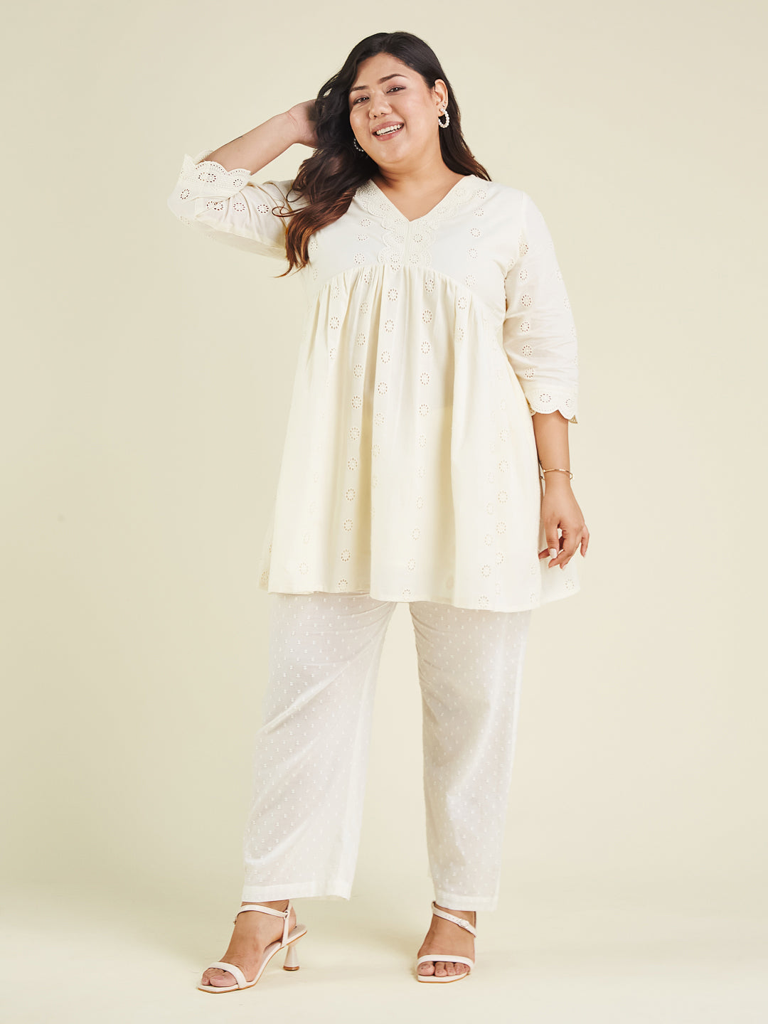 Janasya Women's Plus Size Off White Pure Cotton Schiffli A-line Tunic - qivii