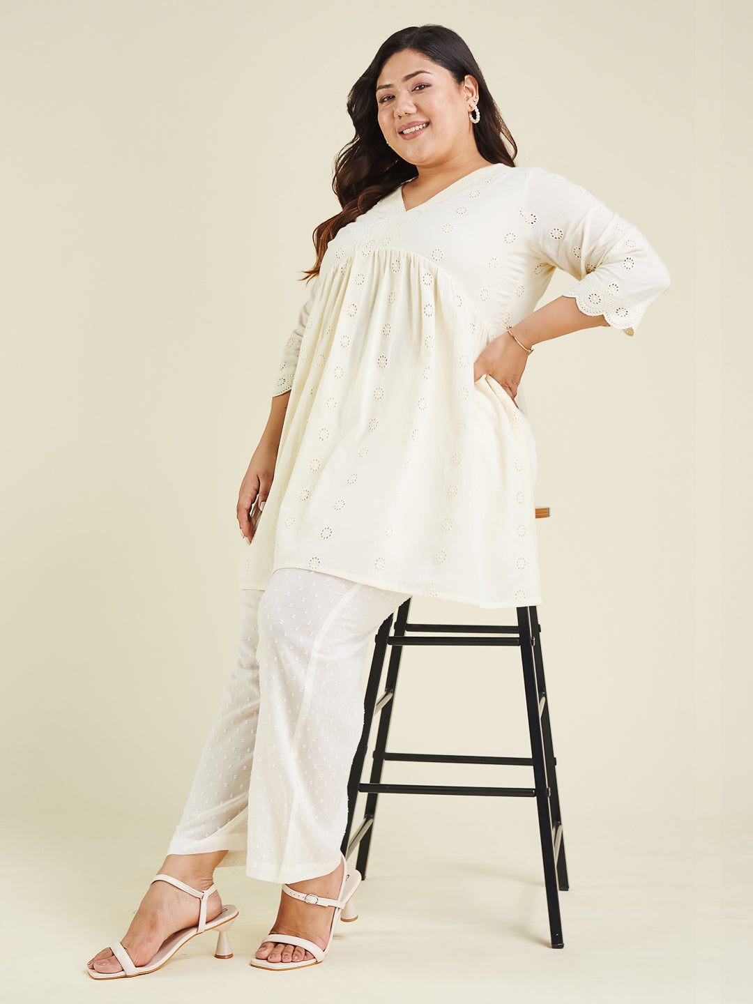 Janasya Women's Plus Size Off White Pure Cotton Schiffli A-line Tunic - qivii